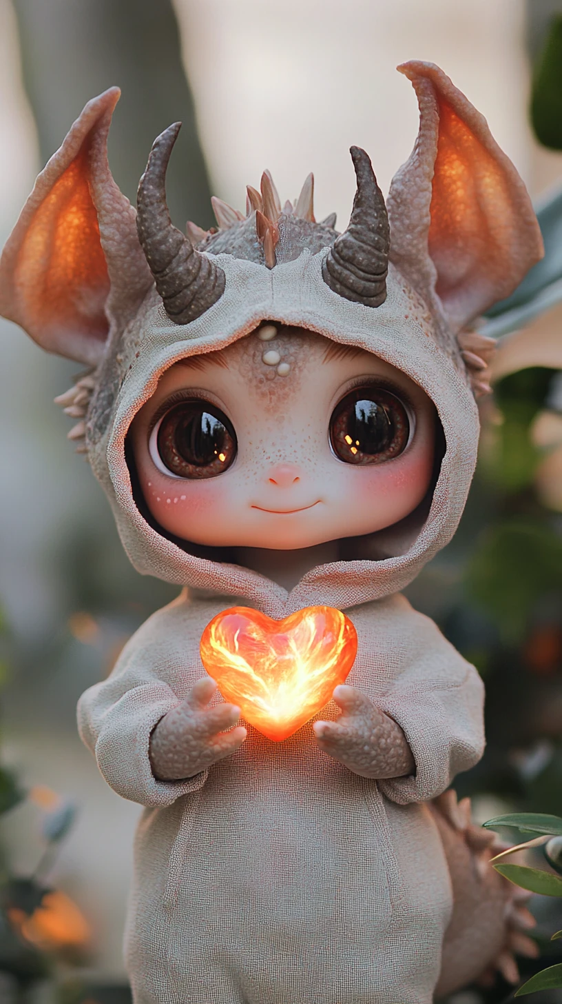 Cute Baby Dragon In Hoodie Holding Glowing Ember Heart