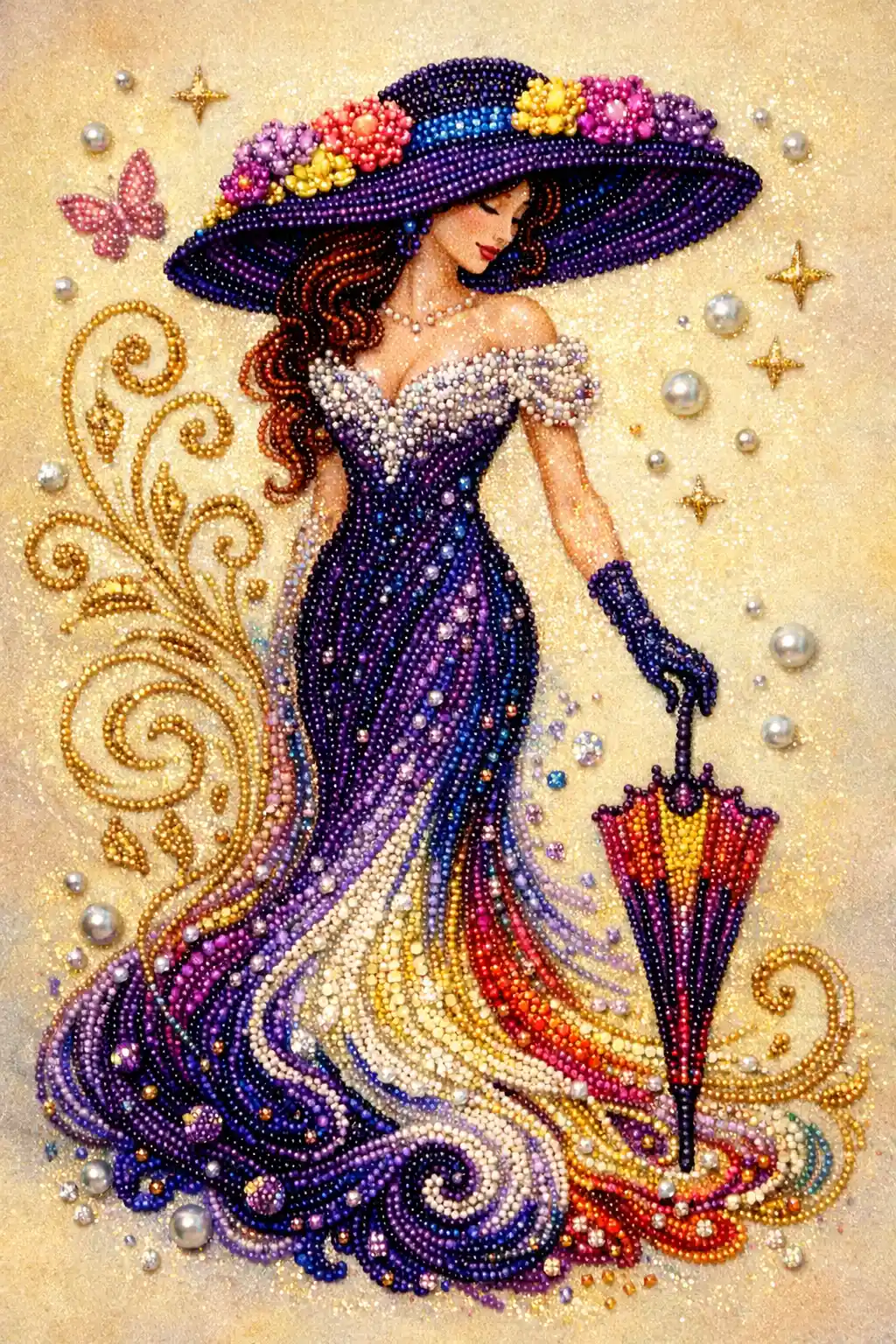 Elegant beaded woman with wide hat and closed umbrella