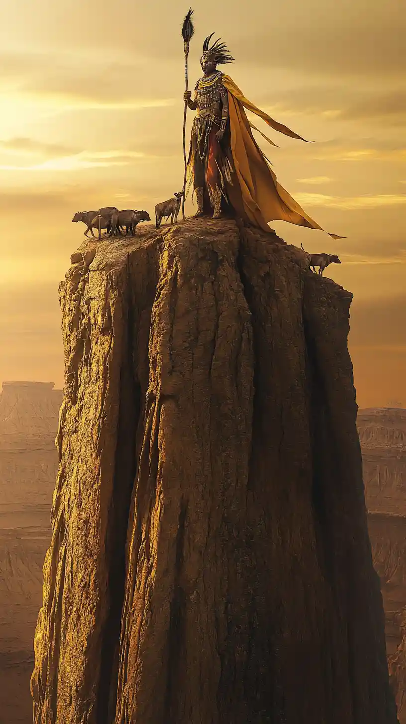 Majestätische Frau auf Savannenbühne bei Sonnenaufgang mit symbolischen Tieren
