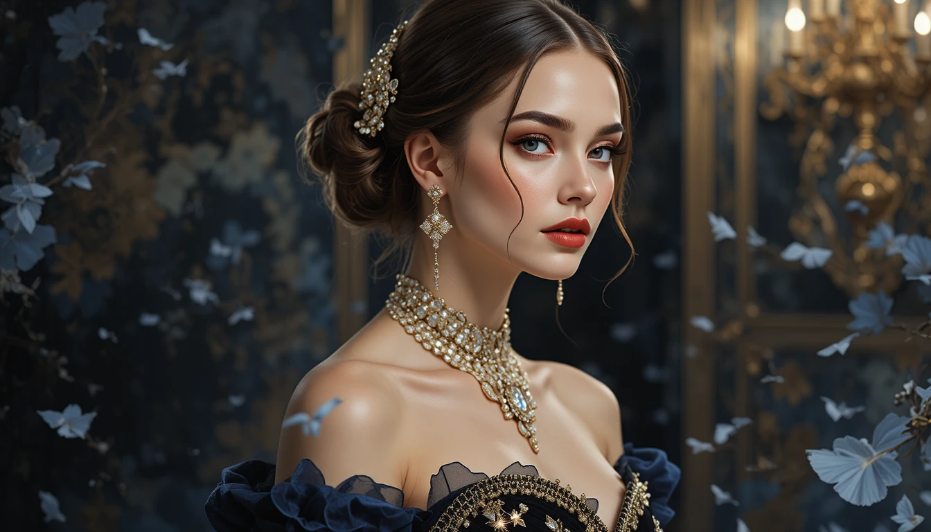 Elegant woman in midnight blue couture evening gown