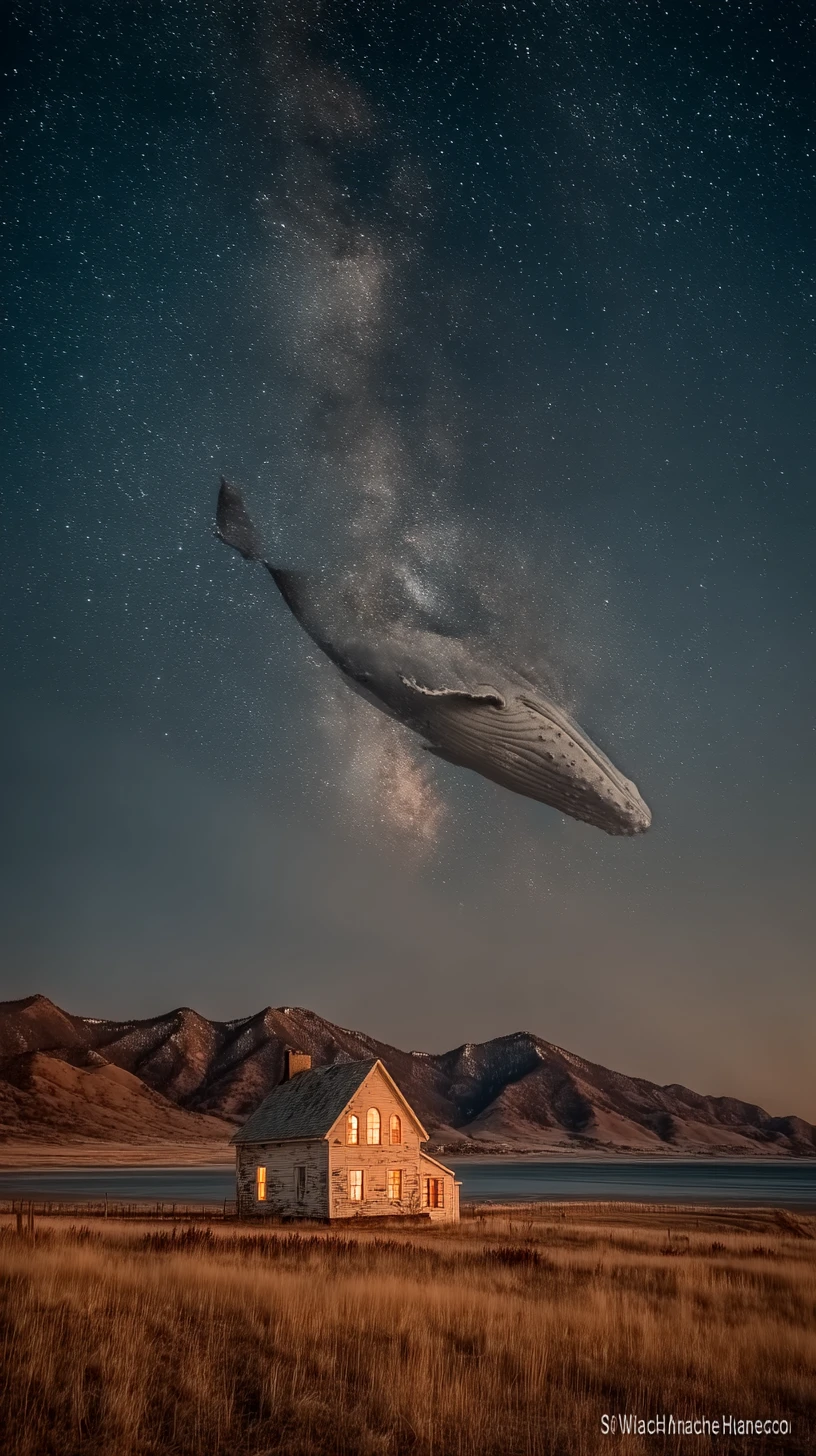 Colossal blue whale drifting across a dense starry night sky