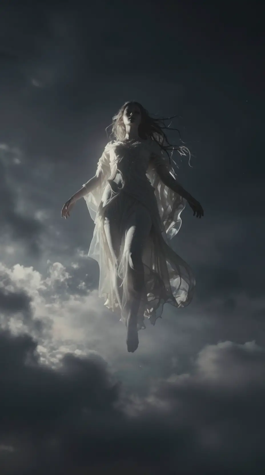 Ethereal being floating above a sky of merging night and day