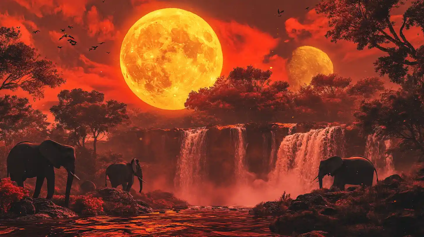 Silhouette di elefanti in una savana rossa sotto una luna gigante
