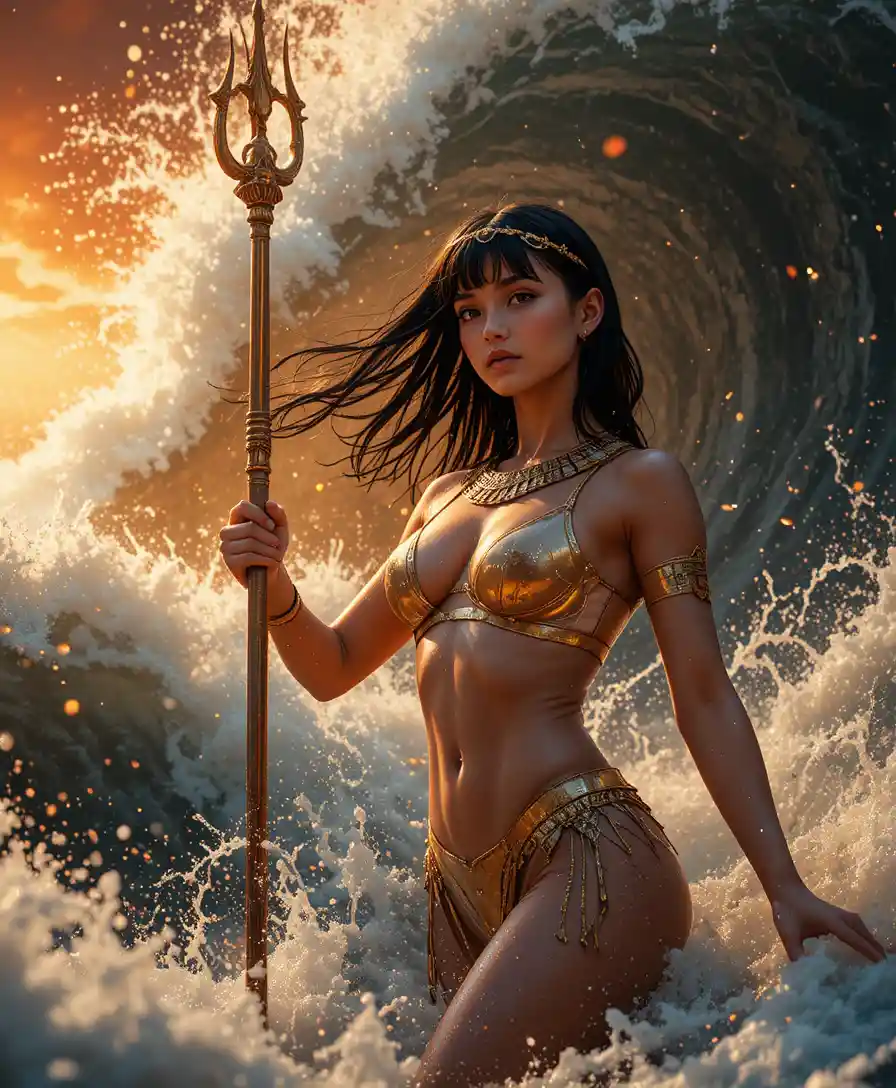 Fantasy egyptian woman with trident in crashing ocean surf