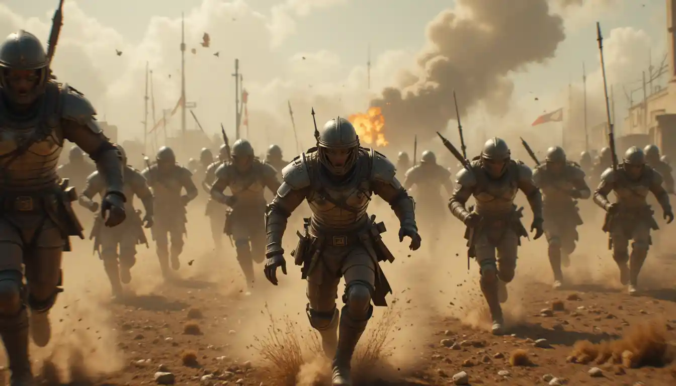Terrified enemies running from a chaotic battlefield scene