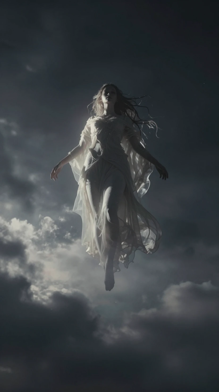 Ethereal being floating above a sky of merging night and day