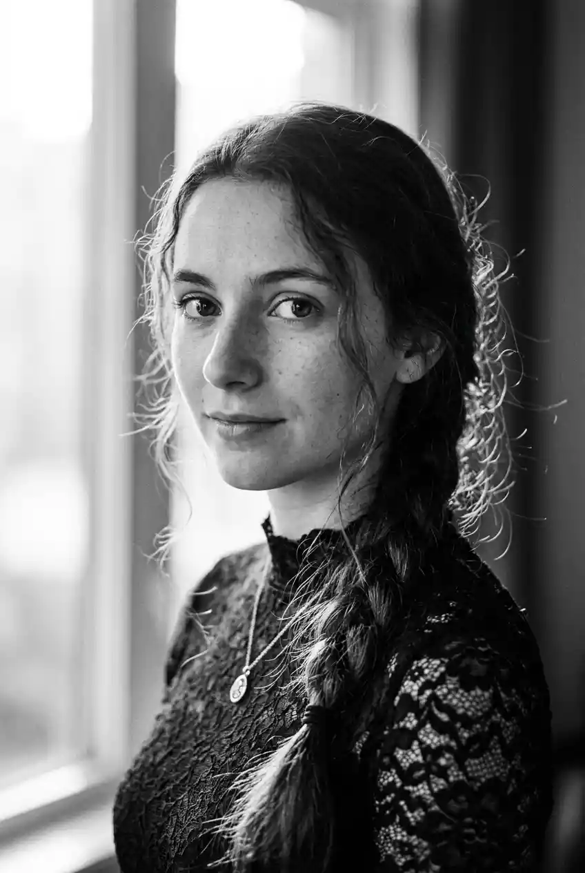 Black and white close up portrait of a young woman