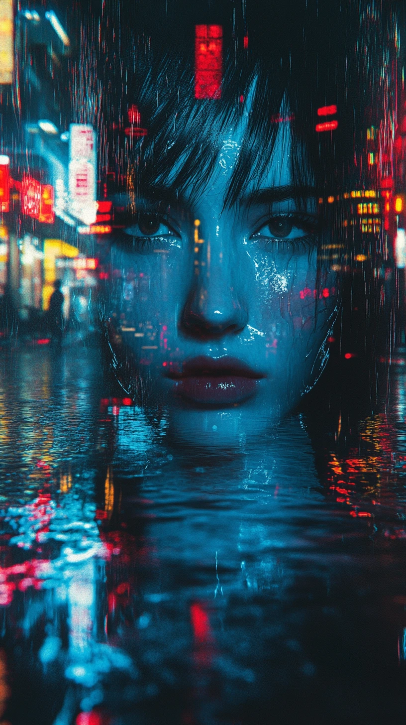Surreal femme fatale on a neon lit rainy city street