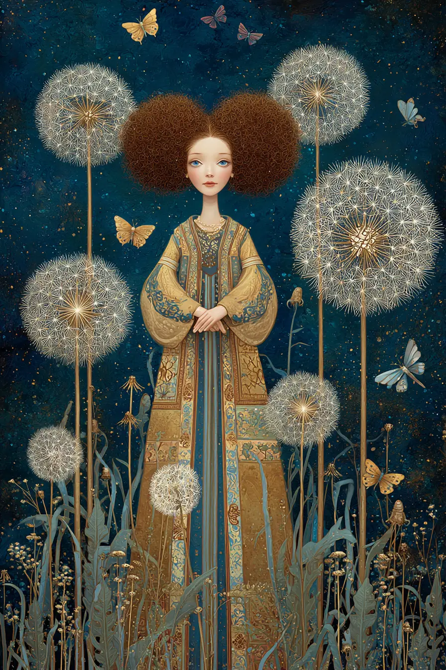 Woman in dandelion field under a dreamy starry blue sky