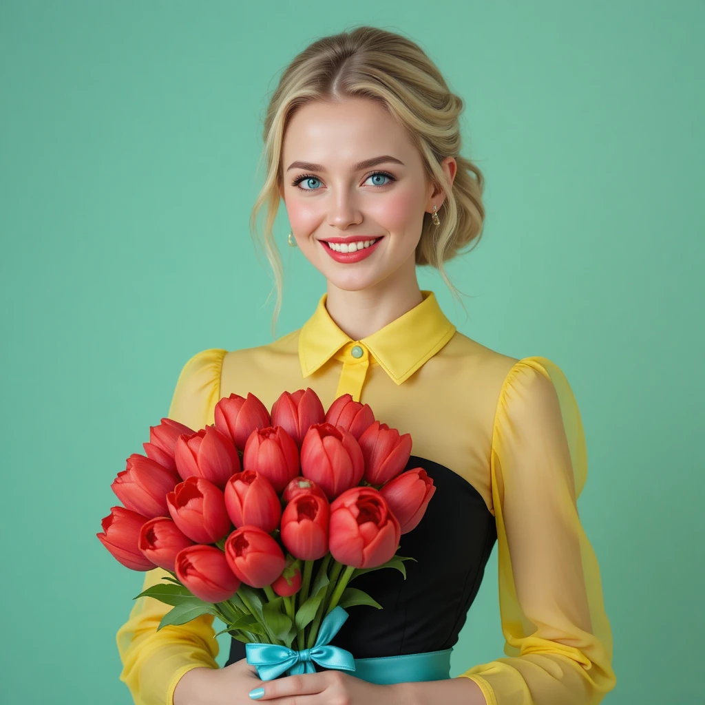 Jeune fille blonde joyeuse en robe jaune tenant des tulipes rouges