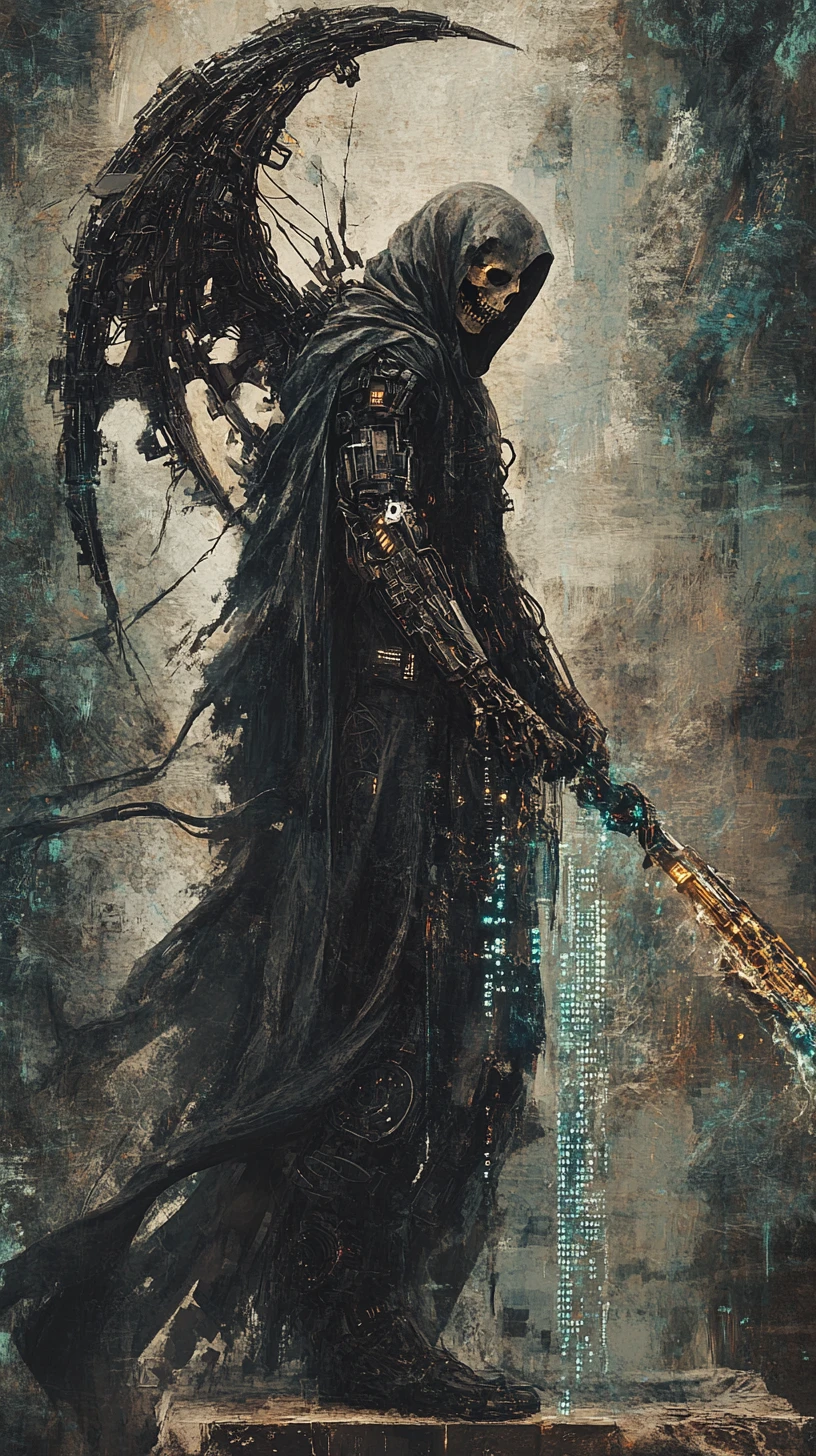 Cybernetic grim reaper with data scythe and code wings