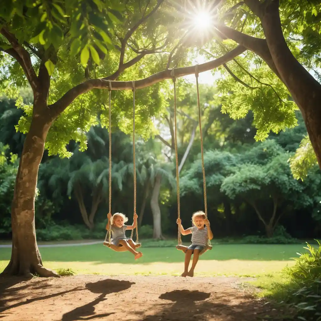 Children playing on a rope swing under leafy forest trees