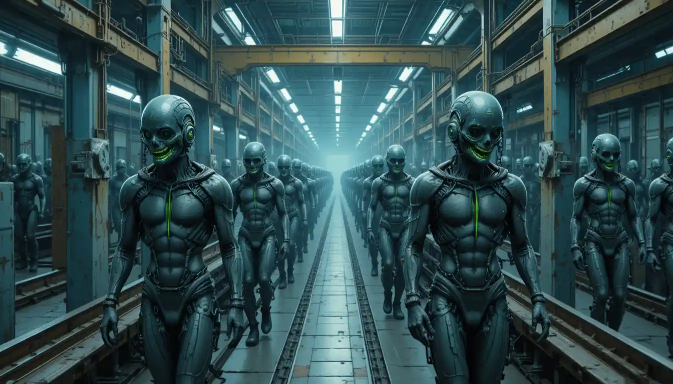 Human workers processed inside an endless industrial system