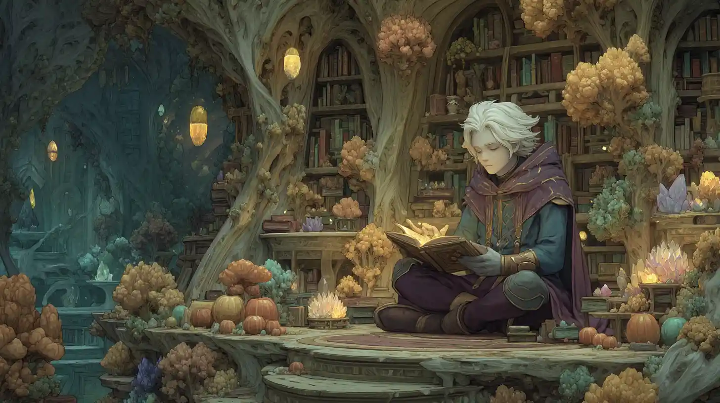 Elven mage reading in a glowing crystal library