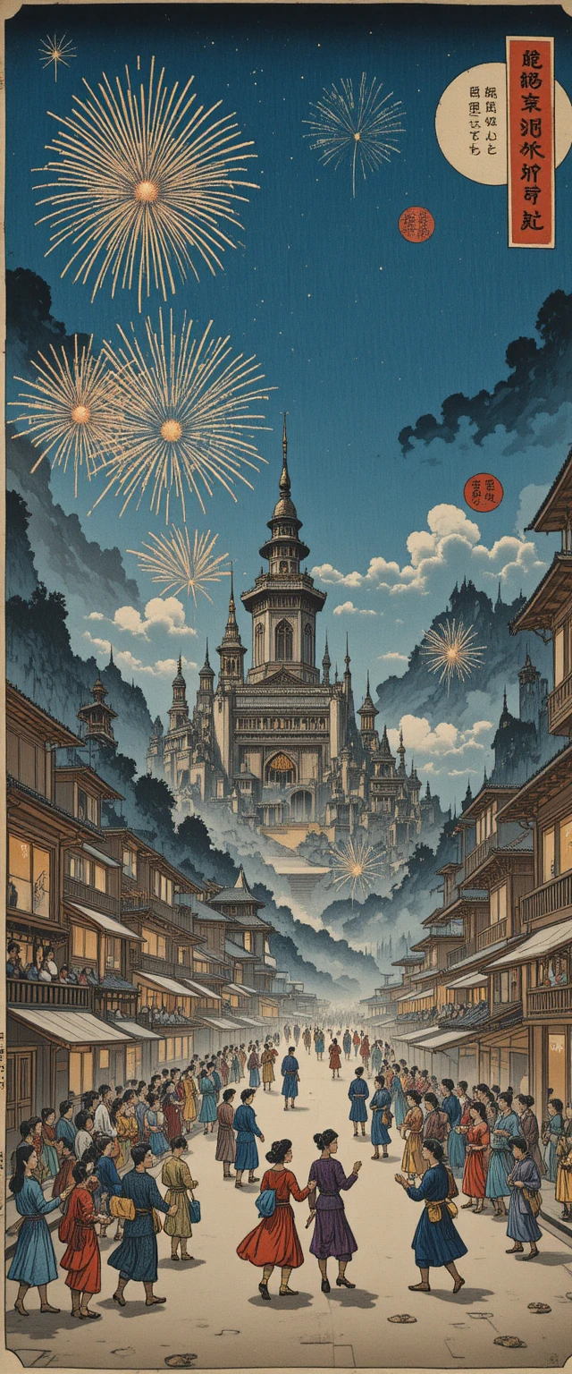 Festive crowd dancing in a mystical city under fireworks