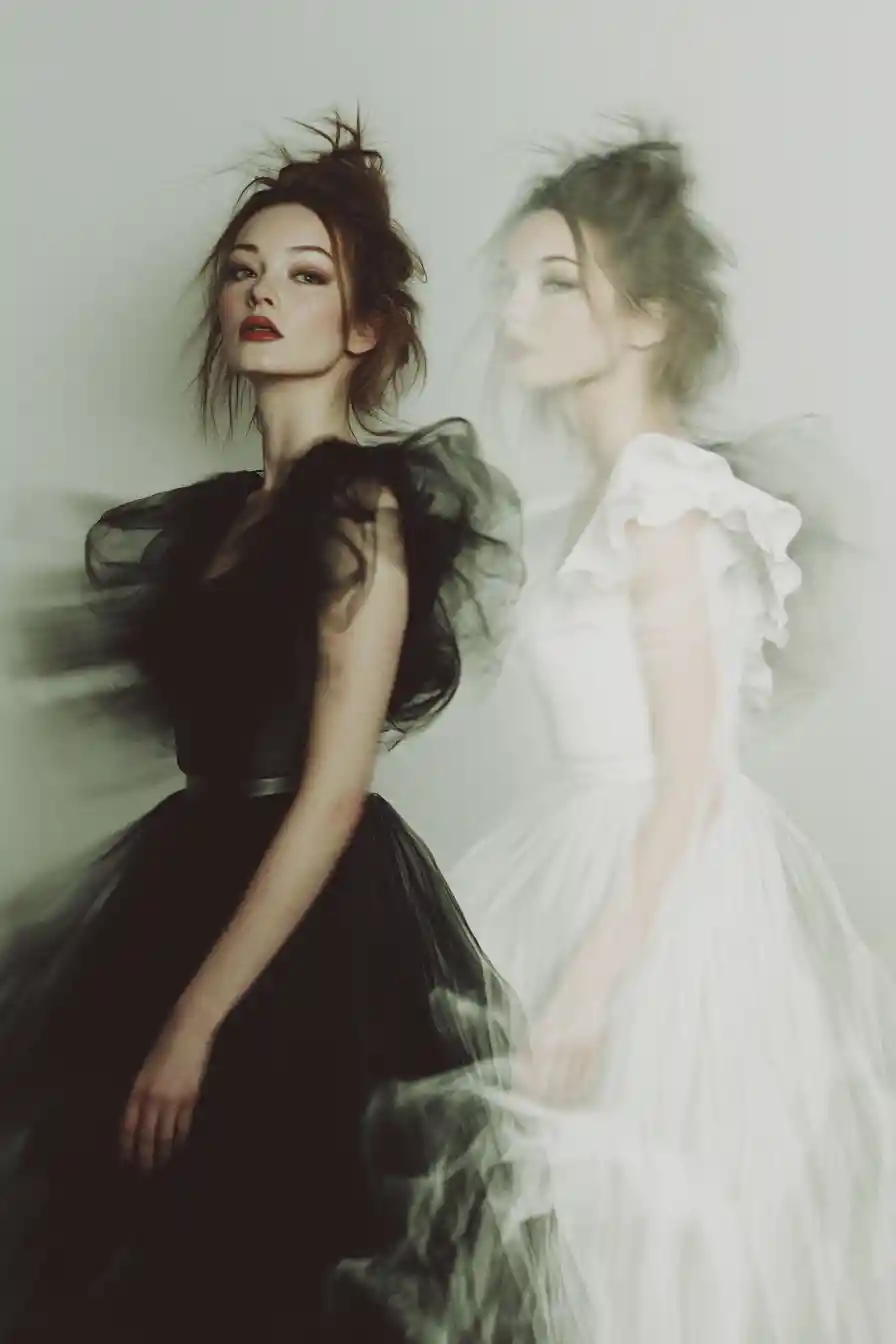 Long exposure fashion portrait of woman in dark gown
