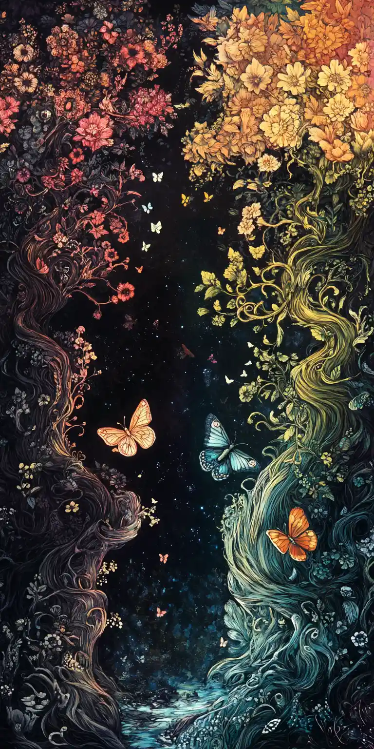 渦巻く陰陽の幻想的な風景に浮かぶ蝶