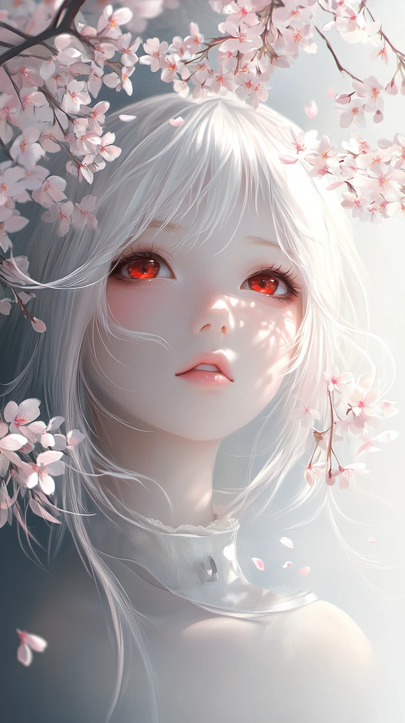 Anime girl with cherry blossoms and glowing red eyes