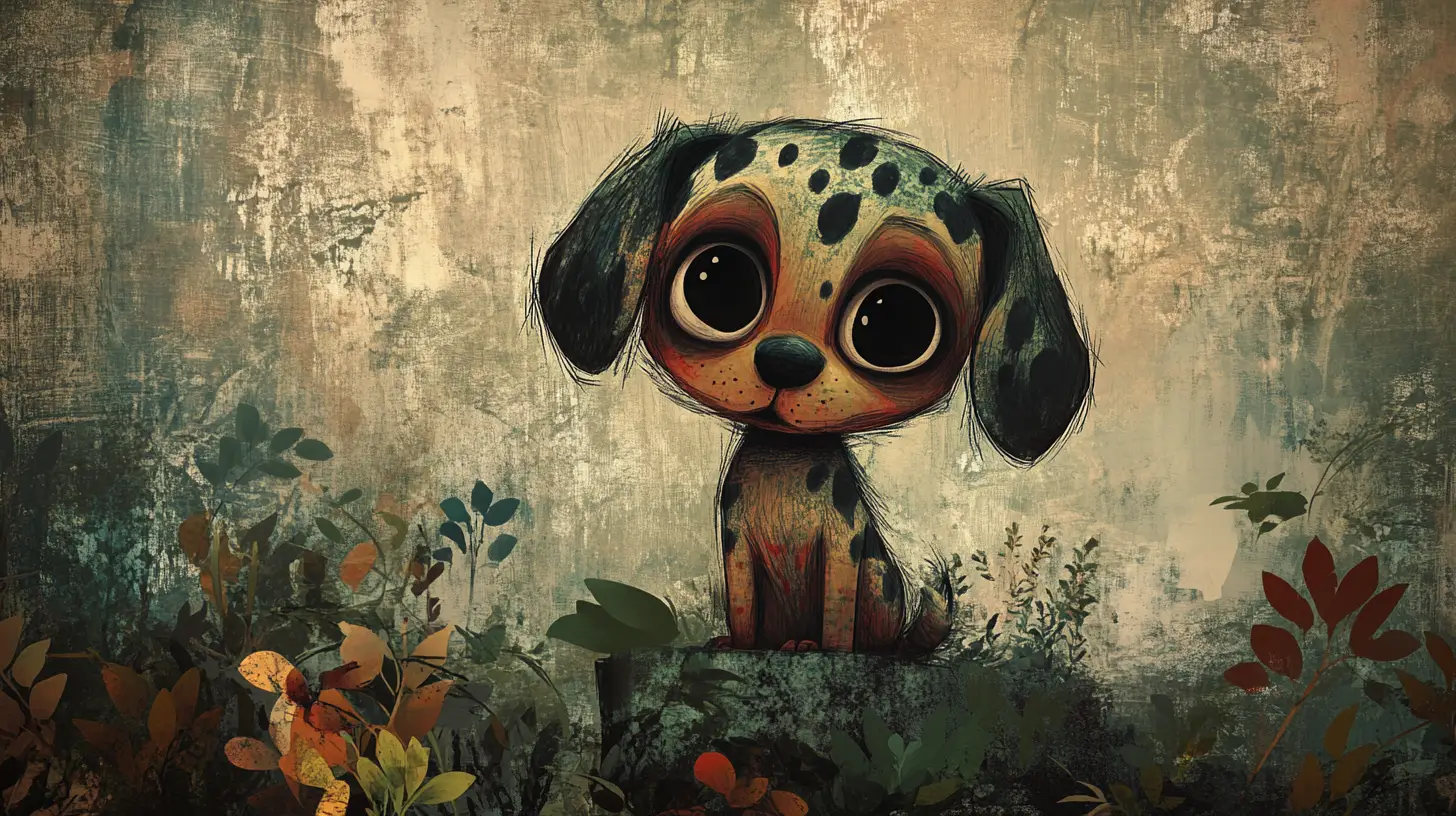 Whimsical gothic puppy on grunge canvas with lush foliage