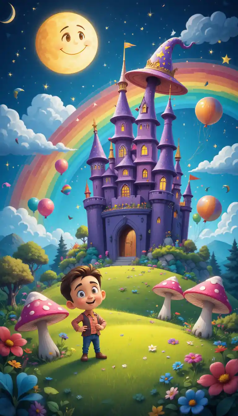 Little boy in a colorful magic world with smiling moon