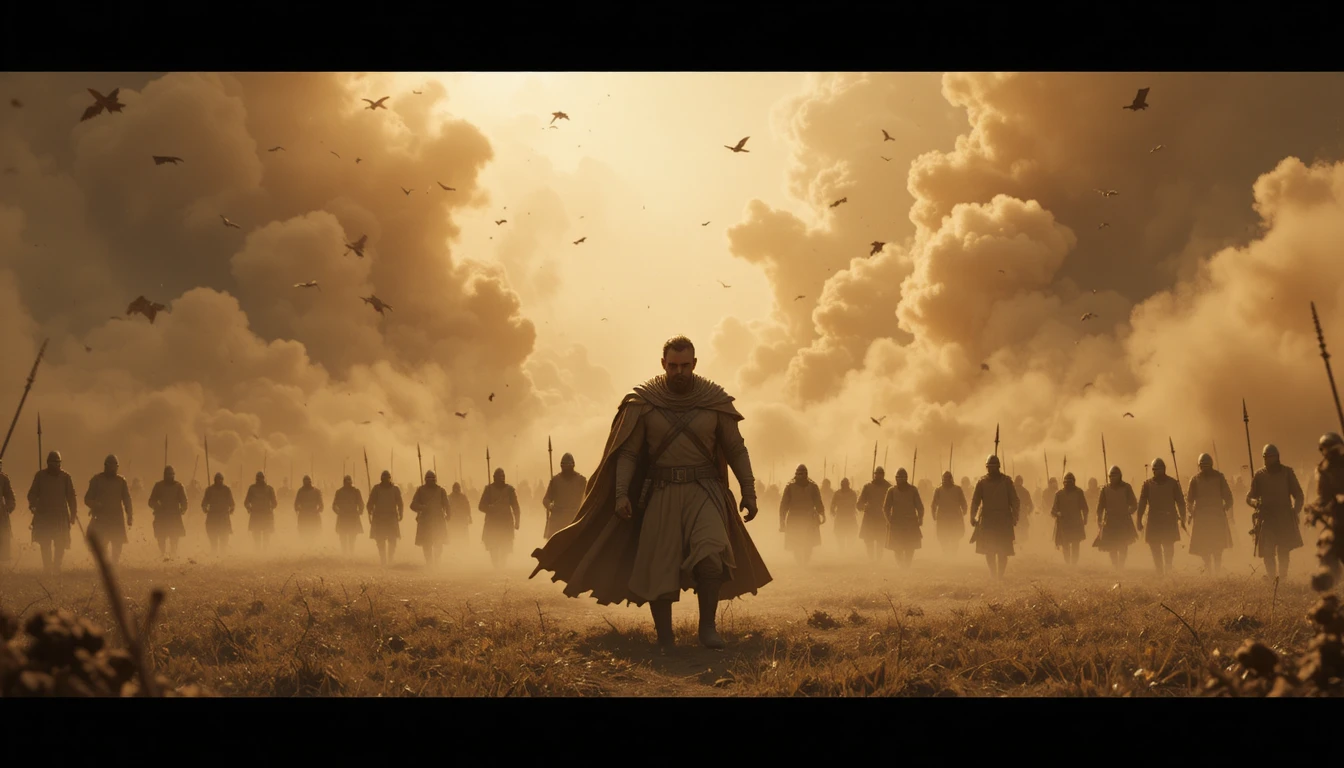 Victorious warrior standing strong on a dusty battlefield