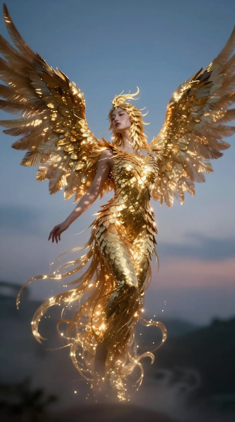 Majestic phoenix winged woman glowing in twilight sky