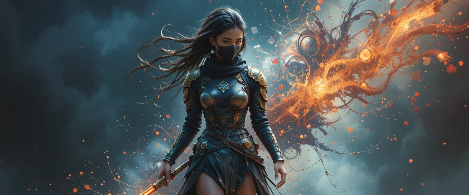 Ninja girl warrior in fantasy armor with masked full body pose