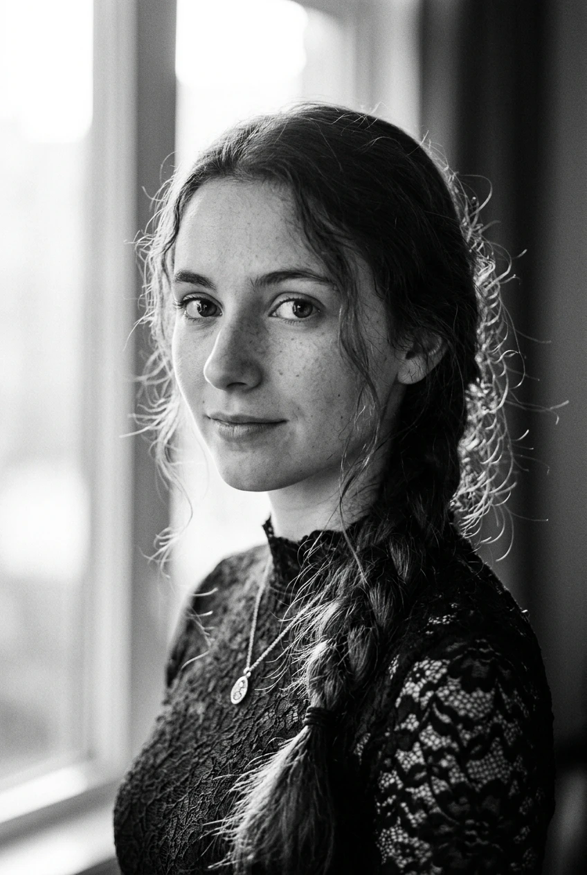 Black and white close up portrait of a young woman