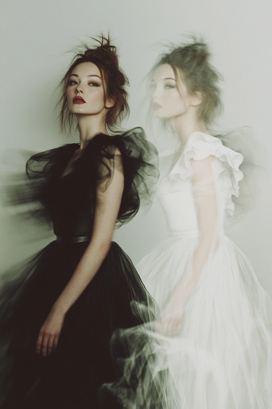 Long exposure fashion portrait of woman in dark gown
