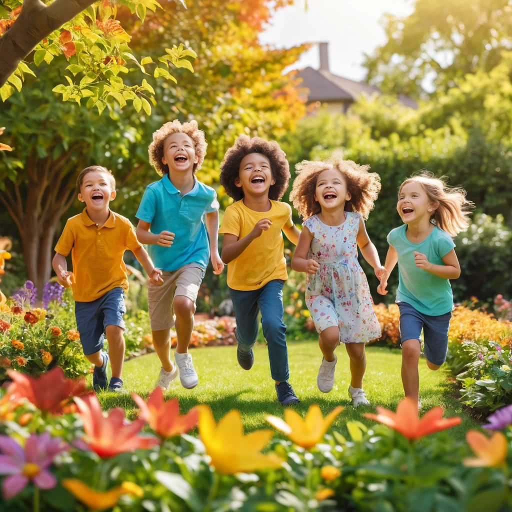 Happy children playing together in a sunny flower garden