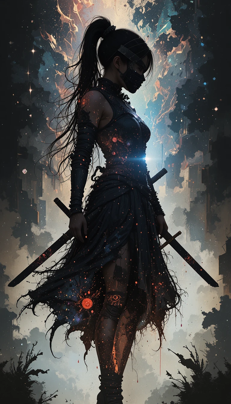Masked ninja woman in fantasy armor with sword at her hip