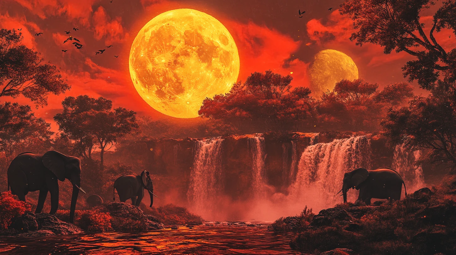 Elephant silhouettes in a red savannah under a giant moon