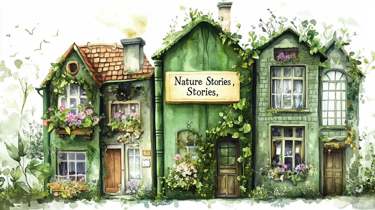 綠色奇幻書本小屋與花朵藤蔓