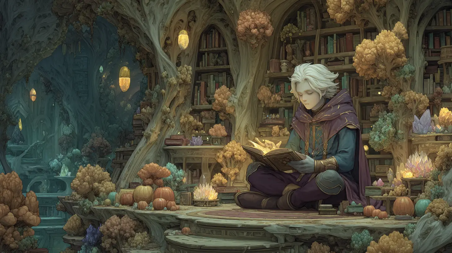 Mago elfico che legge in una biblioteca di cristallo luminosa