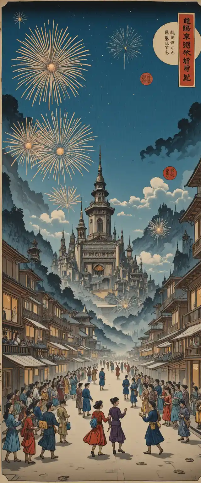 Festive crowd dancing in a mystical city under fireworks
