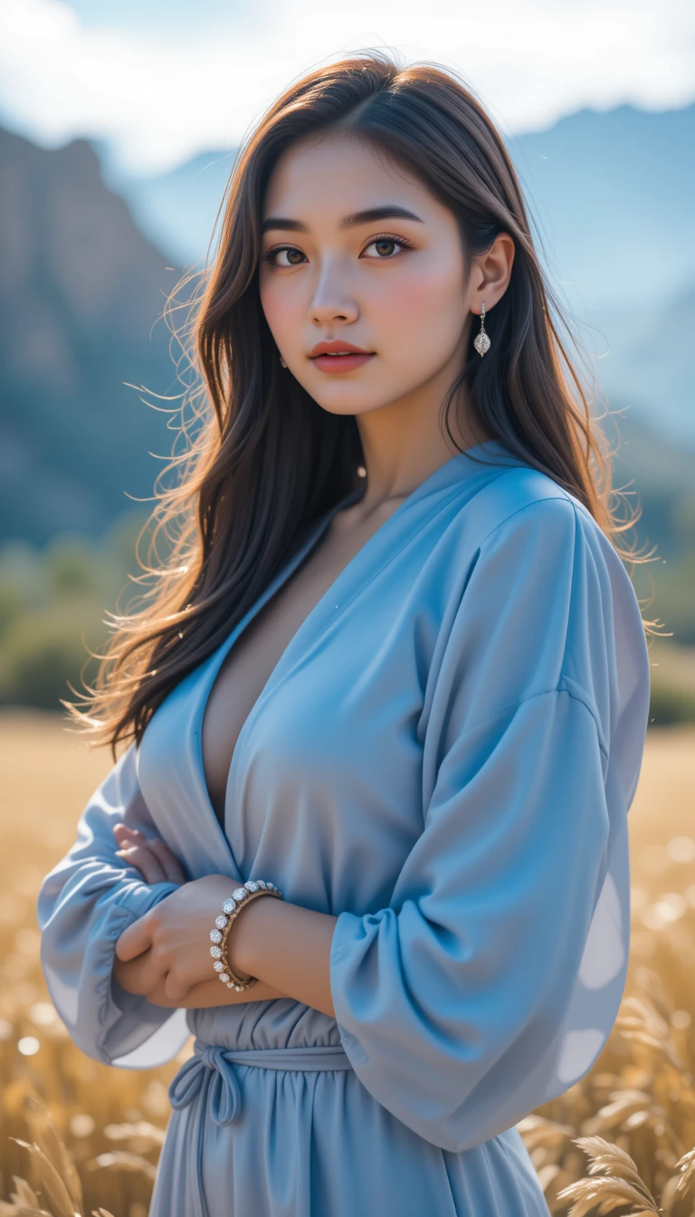Retrato de mulher confiante em moda casual com fundo de estúdio