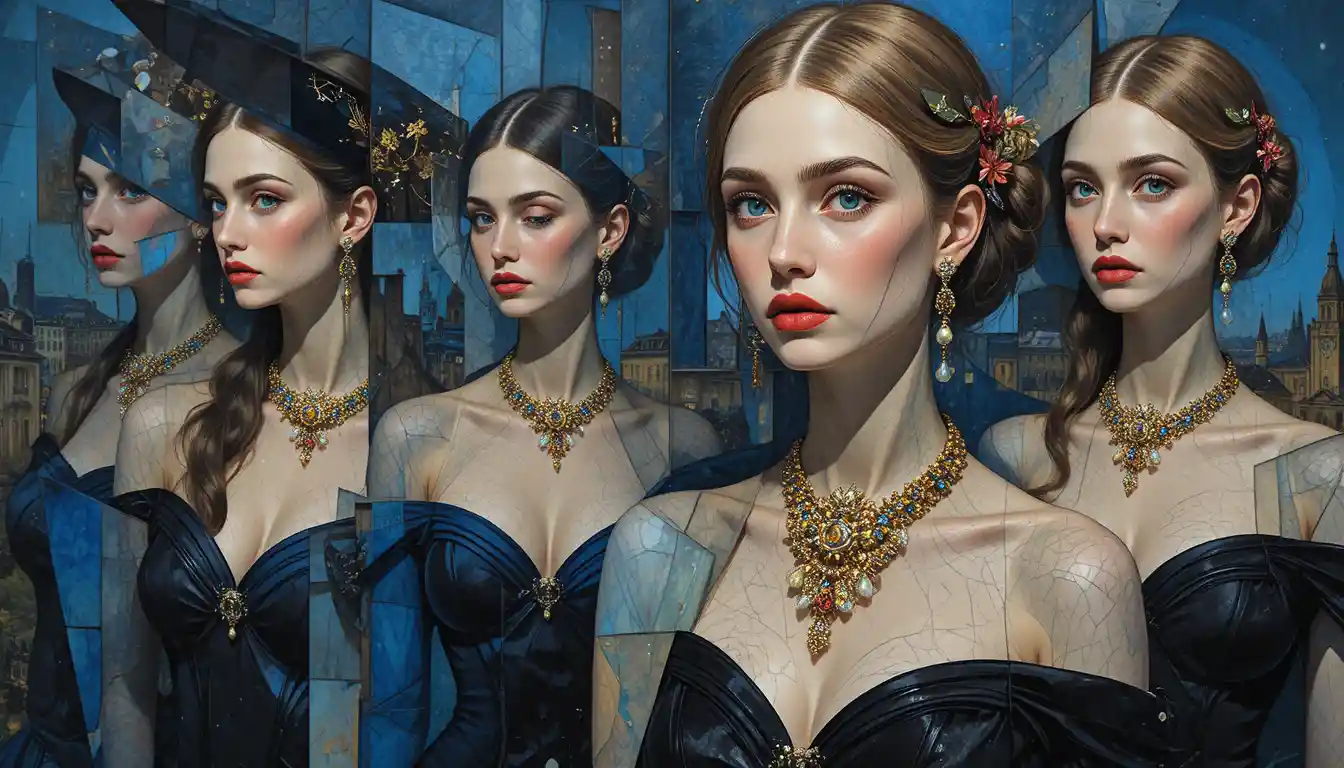 Mulher elegante em moda noturna cubista com facetas abstratas da cidade