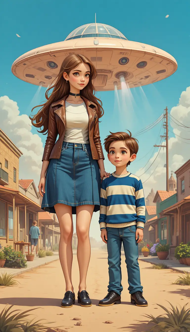Tall girl and small friend on a colorful city street