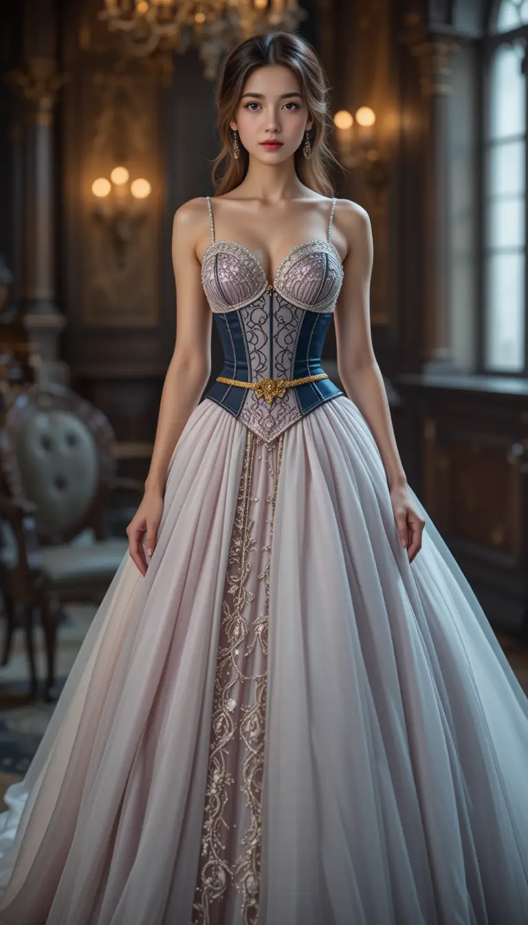 Elegant woman in corset ball gown in gothic interior