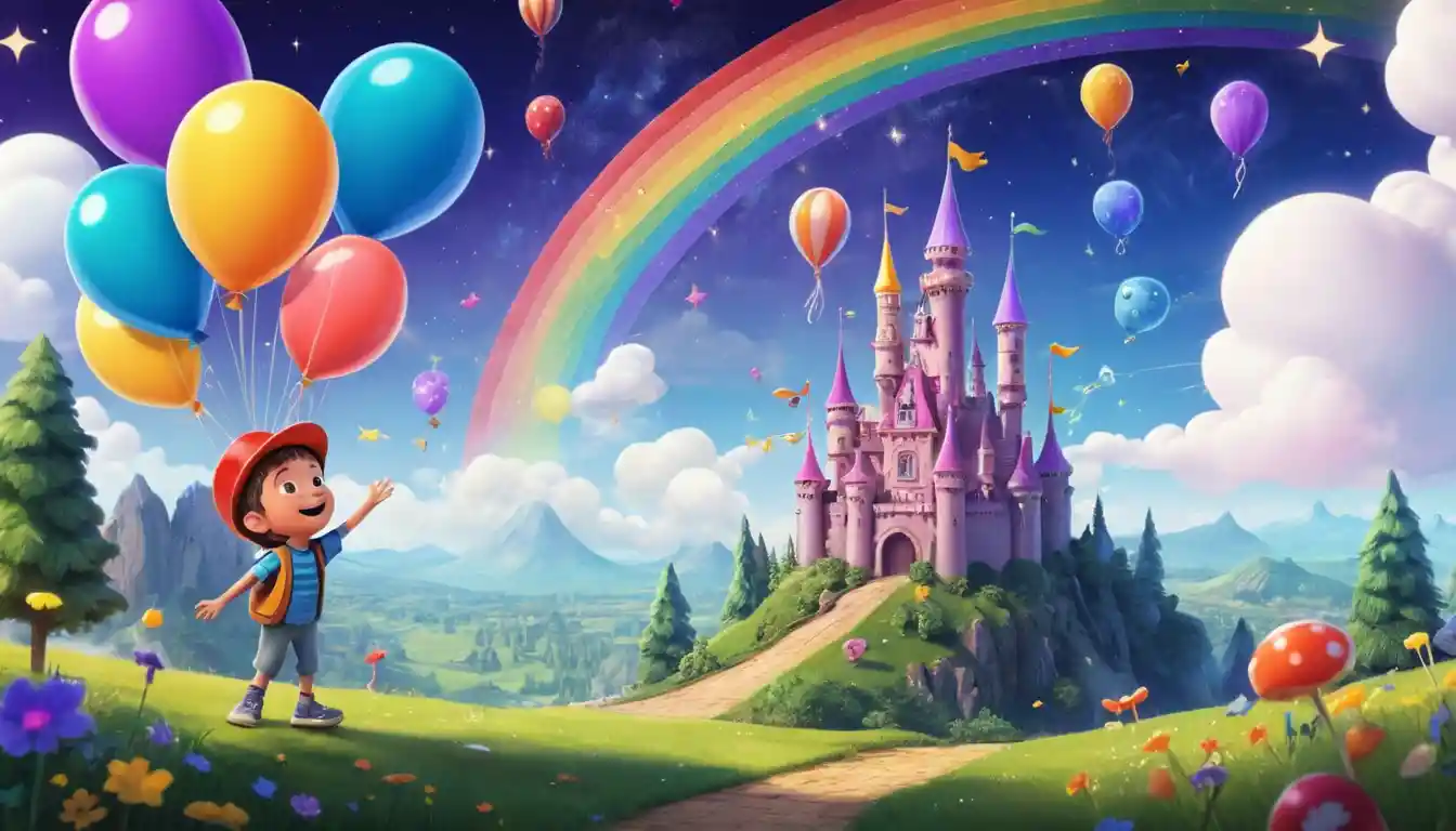 Little boy in a colorful magic world with smiling moon