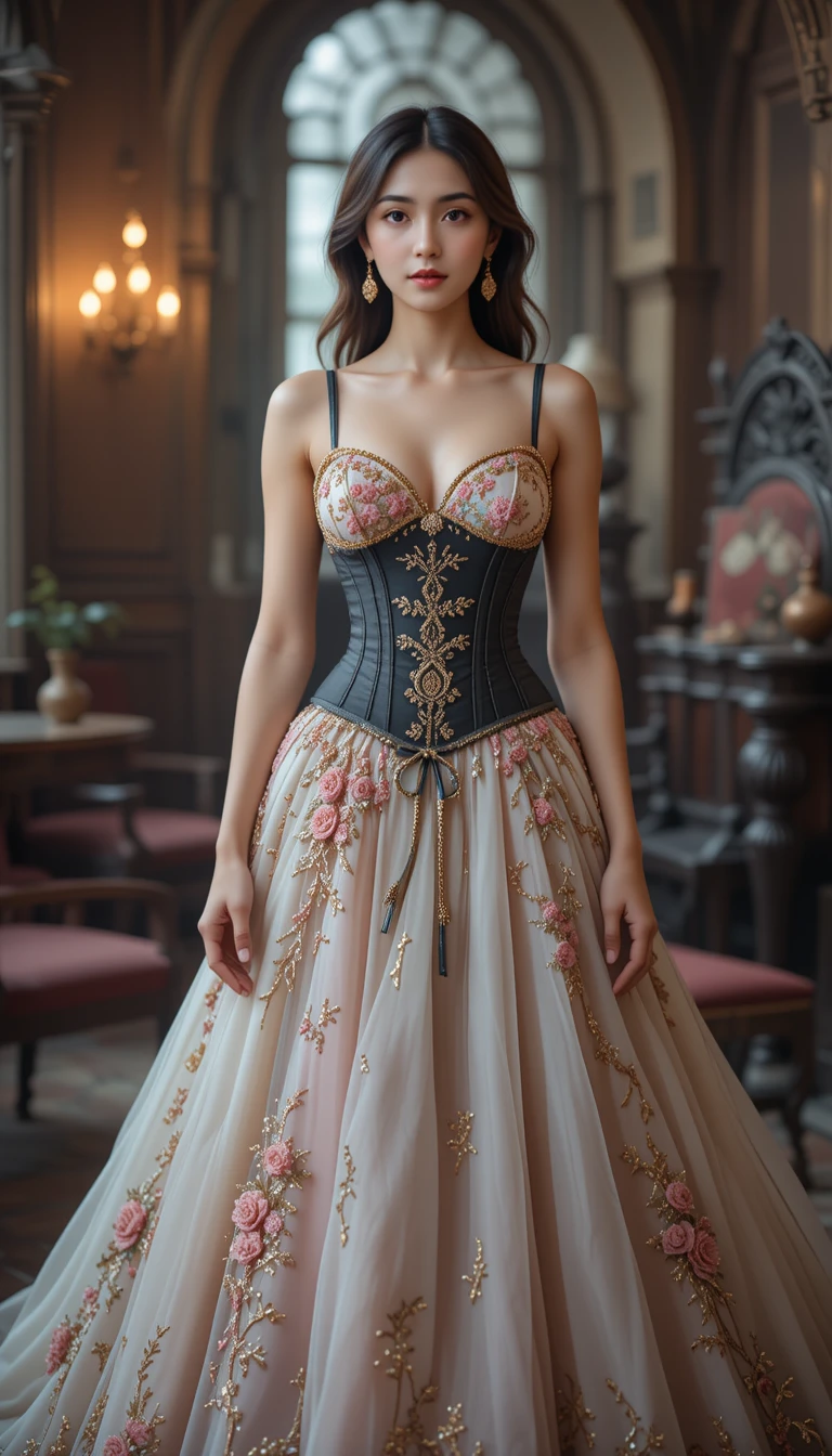 Elegant woman in corset ball gown in gothic interior