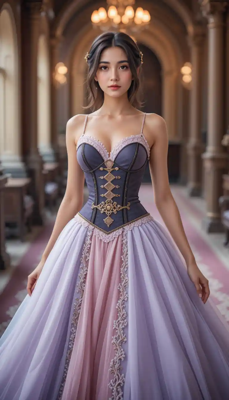 Elegante donna in abito da sera con corsetto in interno gotico