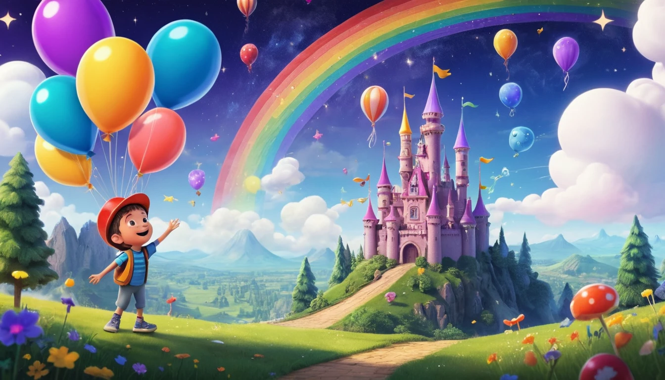 Little boy in a colorful magic world with smiling moon