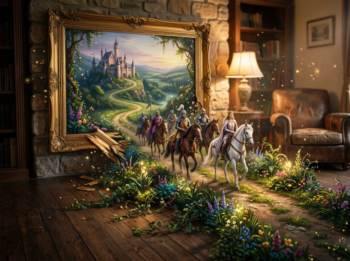 Fairytale castle landscape spilling from a golden frame