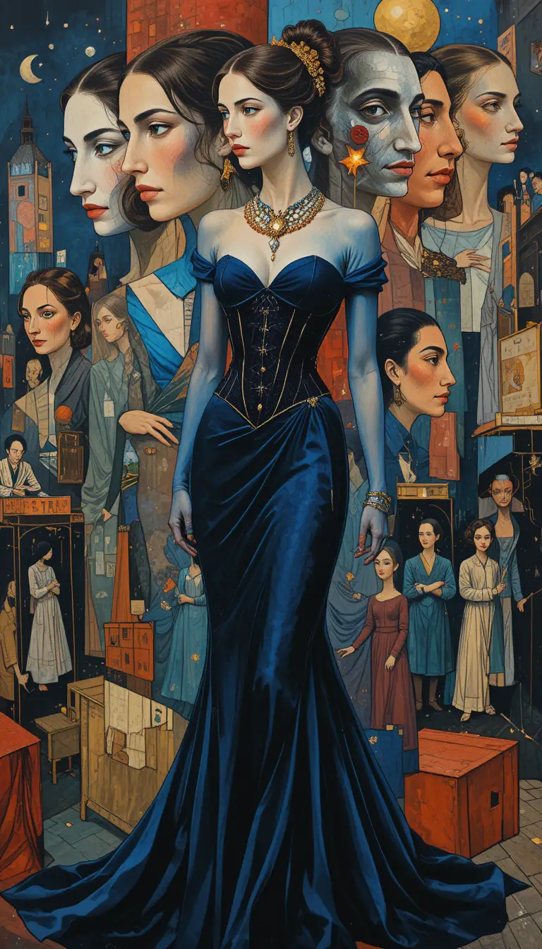 Cubist haute couture woman in a blue evening gown
