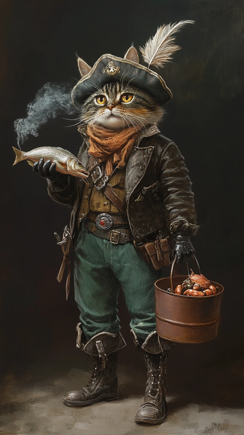 Anthropomorphic pirate cat holding fish and crab bucket