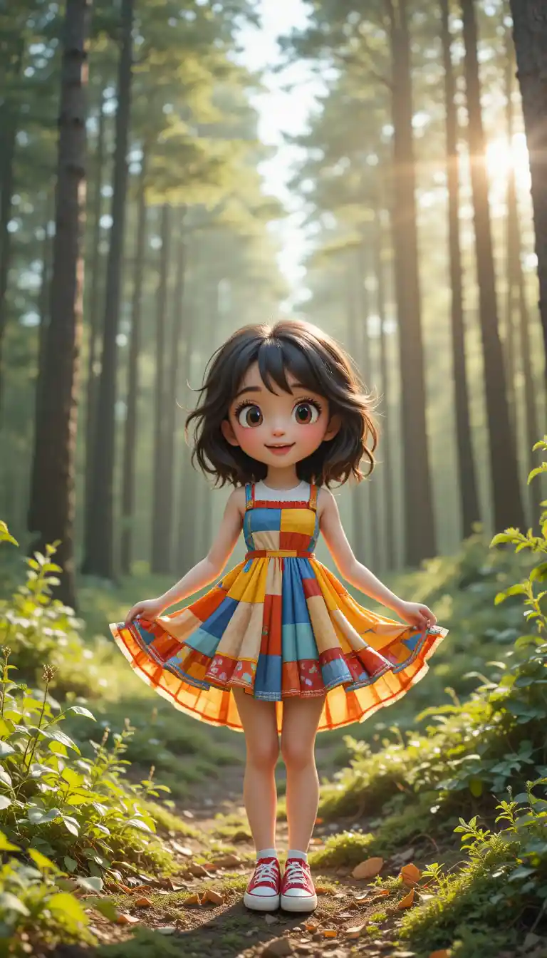 Fille chibi en robe patchwork posant dans une clairière forestière