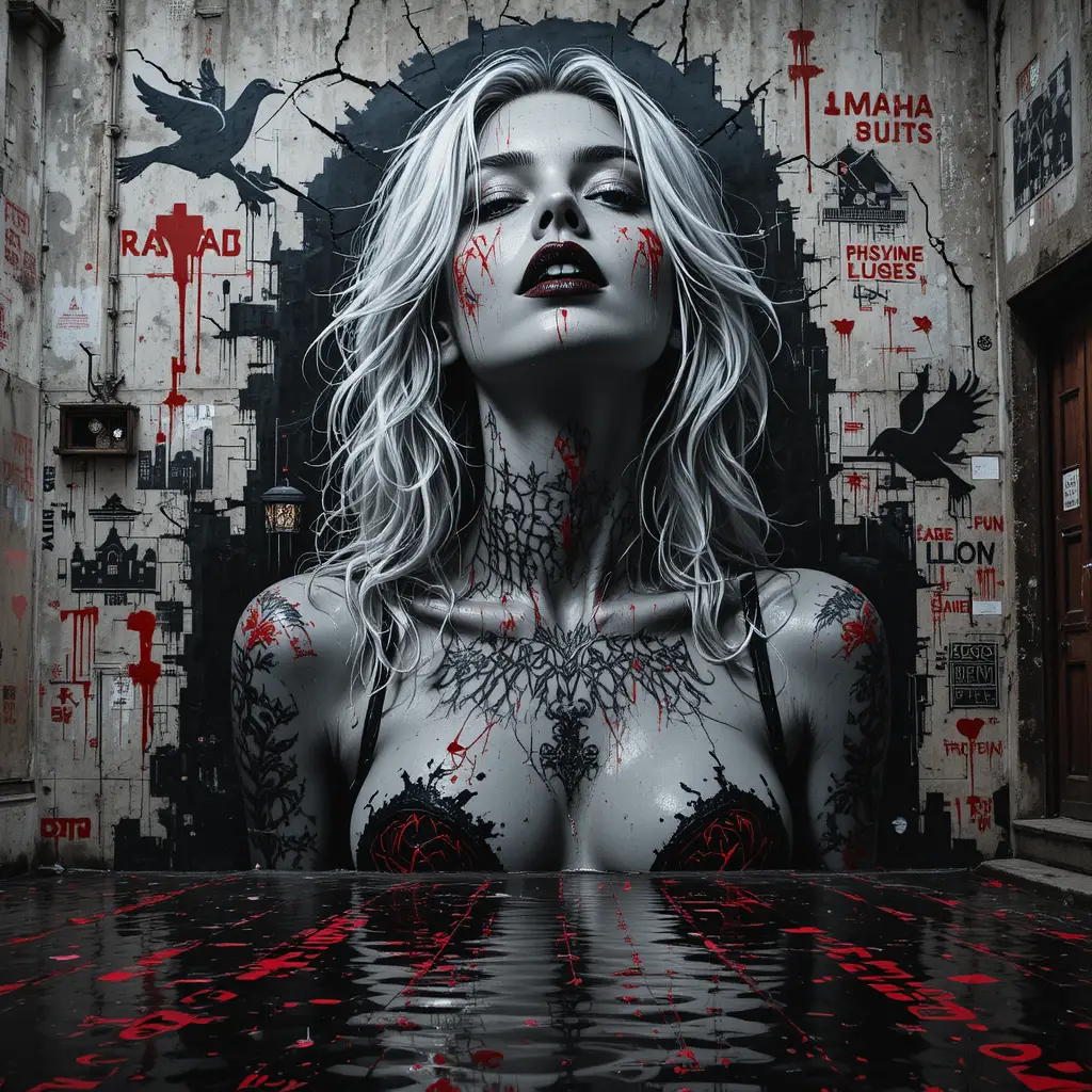 Ritratto noir a murale di una donna in glitch in un vicolo allagato