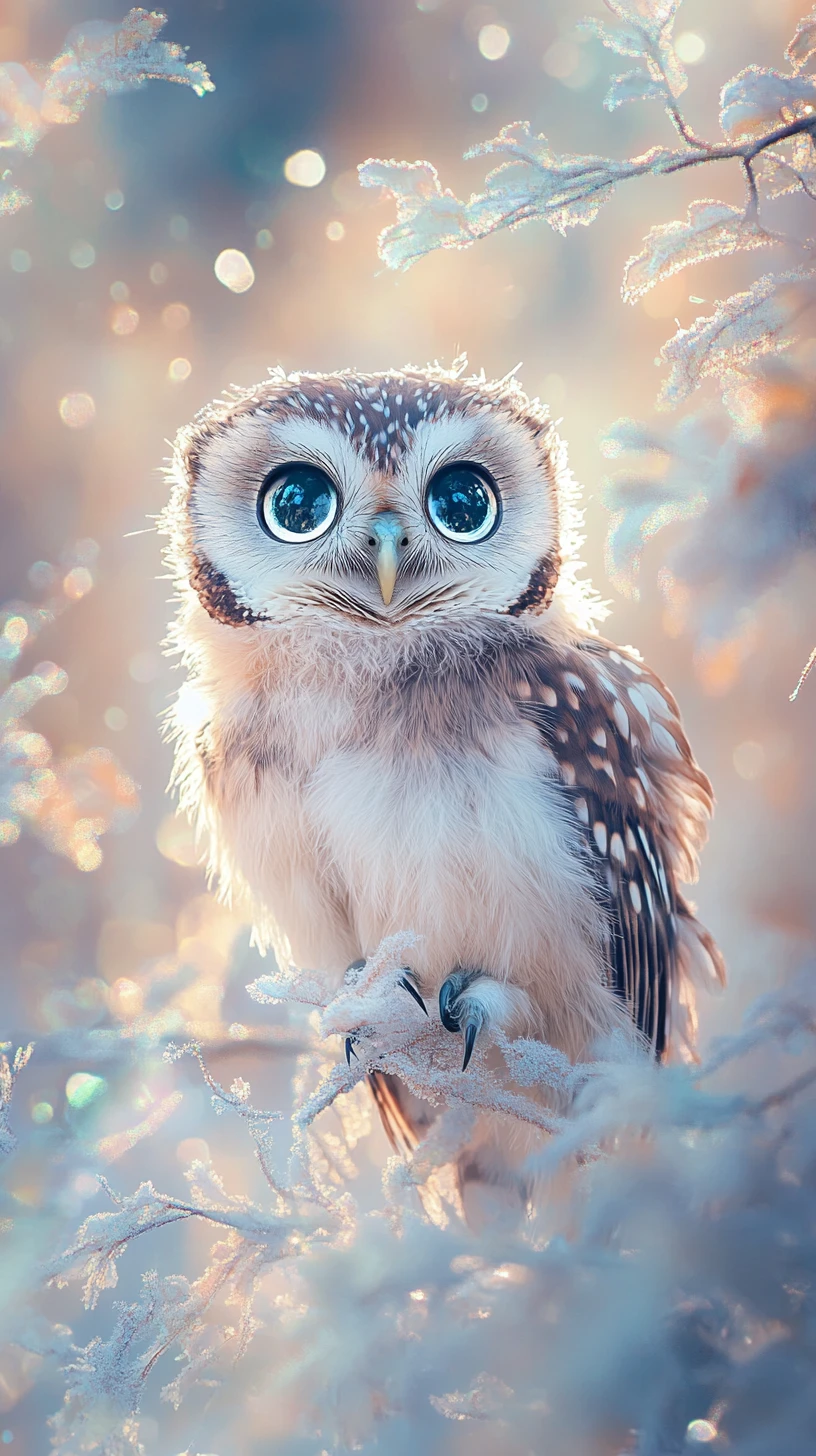 Pequeño búho de ojos luminosos en una escena de bosque de ensueño