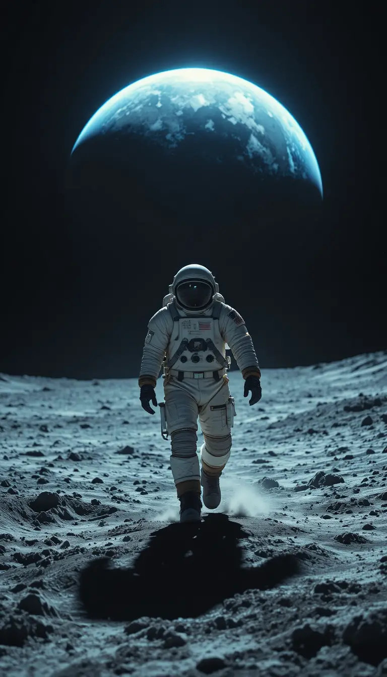 Einsamer Astronaut wandert über den Mond im dramatischen Licht